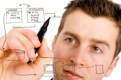 business man designing a database plan
